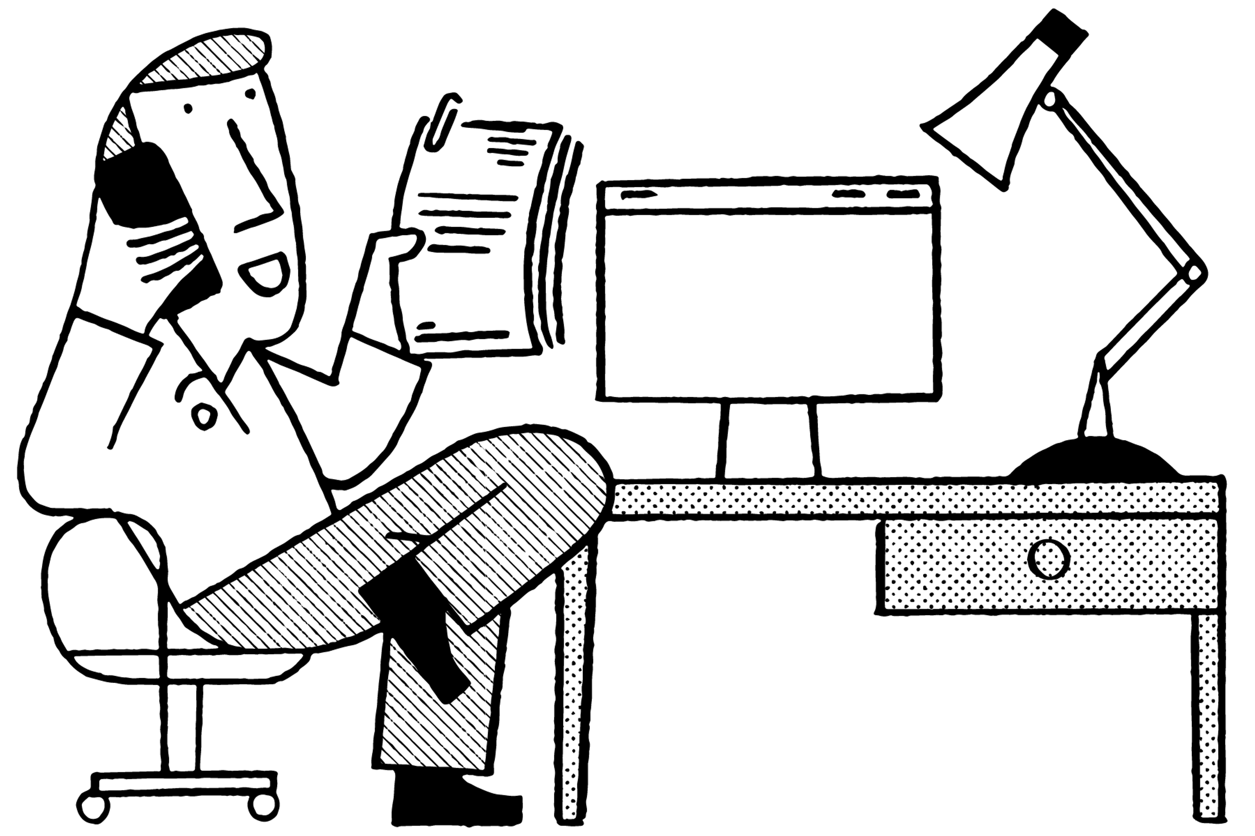 Man at desk with a lamp, on phone, illustration by Jay Cover.