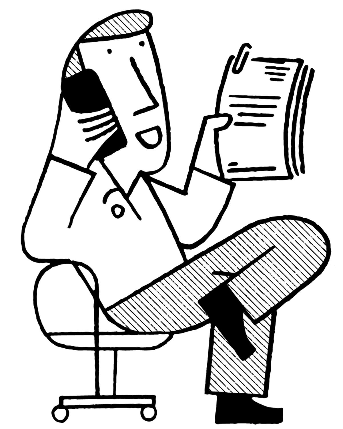 Man at desk with a lamp, on phone, illustration by Jay Cover.
