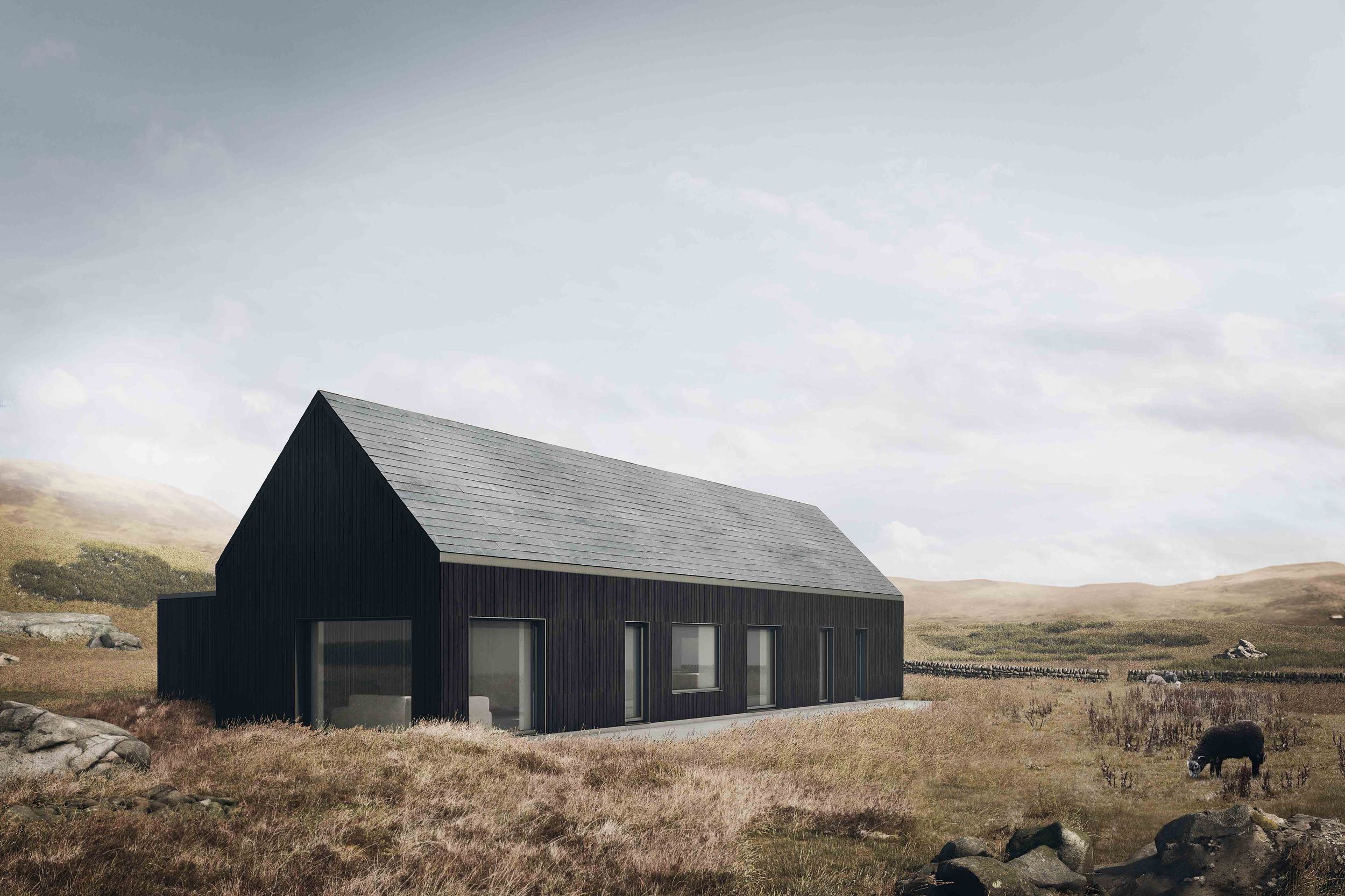 Coldwells Build Passivhaus - 4 bed prefabricated bungalow with pitched roof and black cladding on rural landscape.