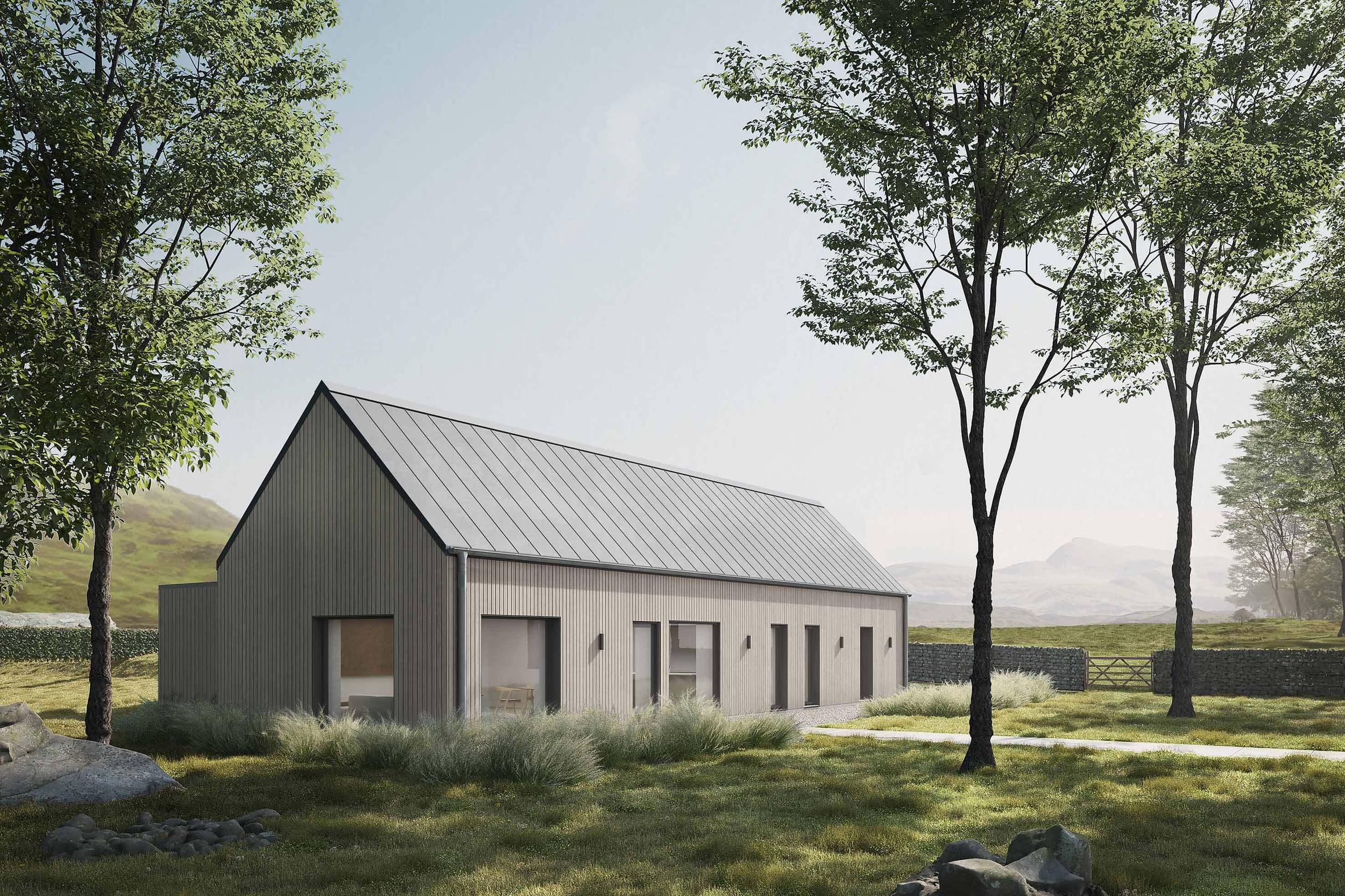 Side exterior of the Coldwells Build Passivhaus, Argyle. A prefabricated bungalow with oak cladding and a dark metal pitched roof.
