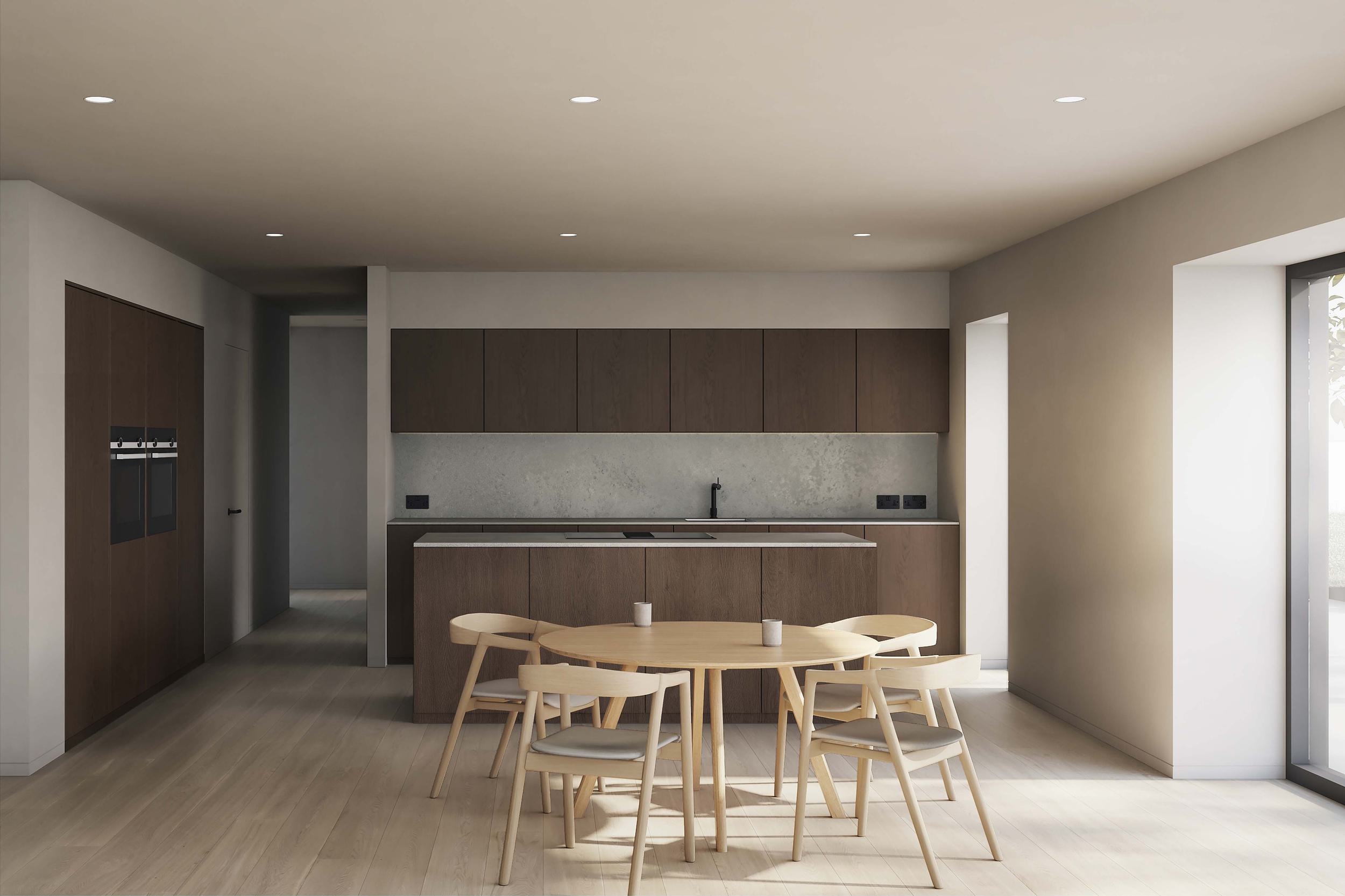 The interior kitchen of the Coldwells Build Passivhaus, Argyle. Walnut, one walled kitchen, with an oak circular dining table.