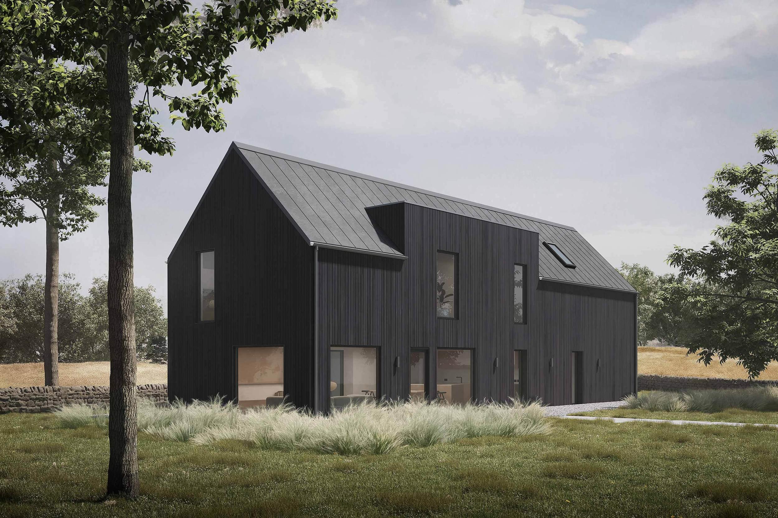 Side exterior of the Coldwells Build Passivhaus, Davidson. Black clad prefabricated home with a metal, pitched roof and dormer, in a rural landscape.