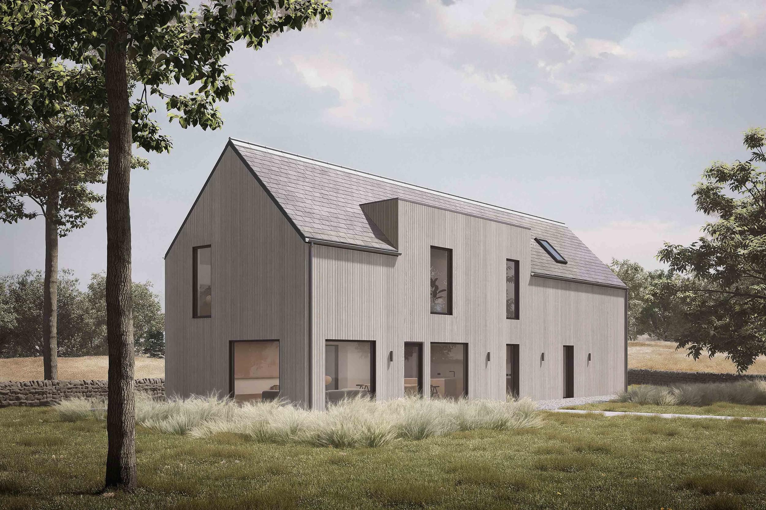 Side exterior of the Coldwells Build Passivhaus, Davidson. Oak clad prefabricated home with a slate, pitched roof and dormer, in a rural landscape.