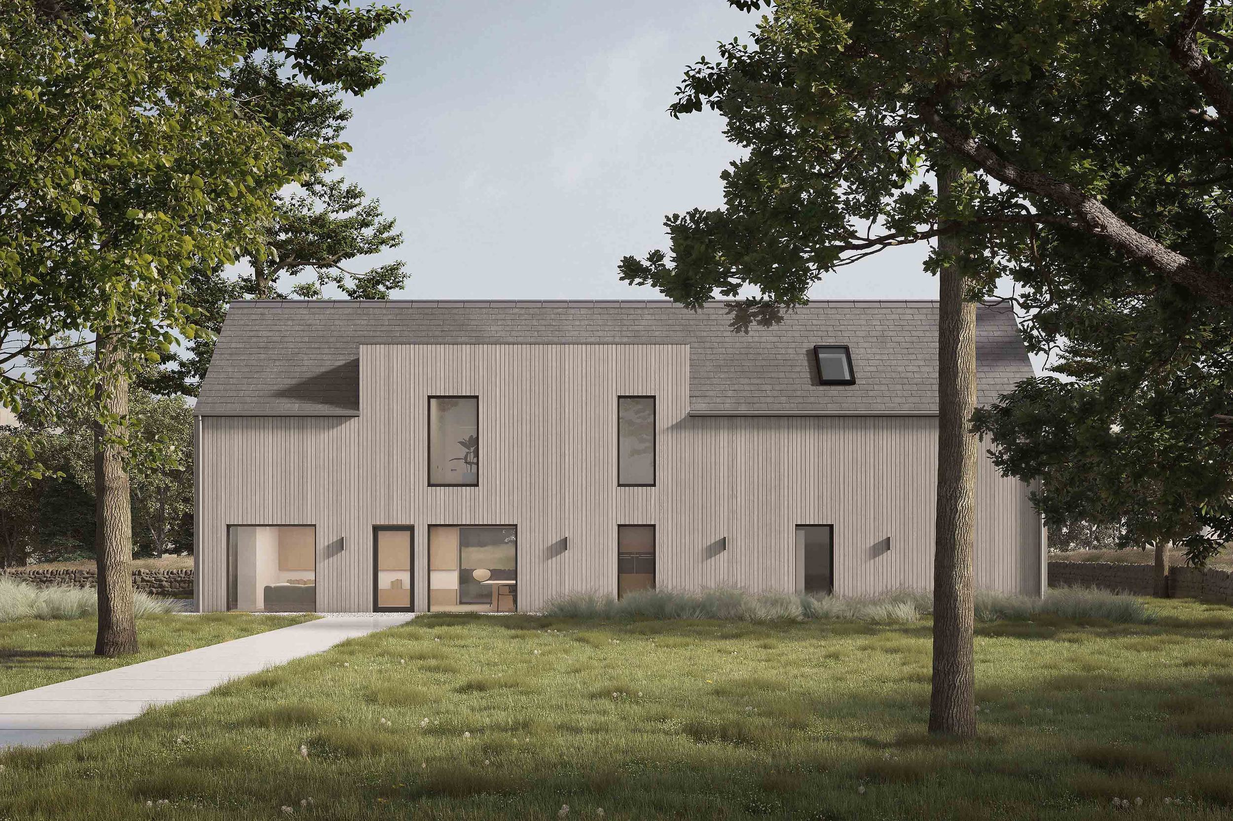 Front exterior of the Coldwells Build Passivhaus, Davidson. Oak clad prefabricated home with a slate, pitched roof and dormer, in a rural landscape.