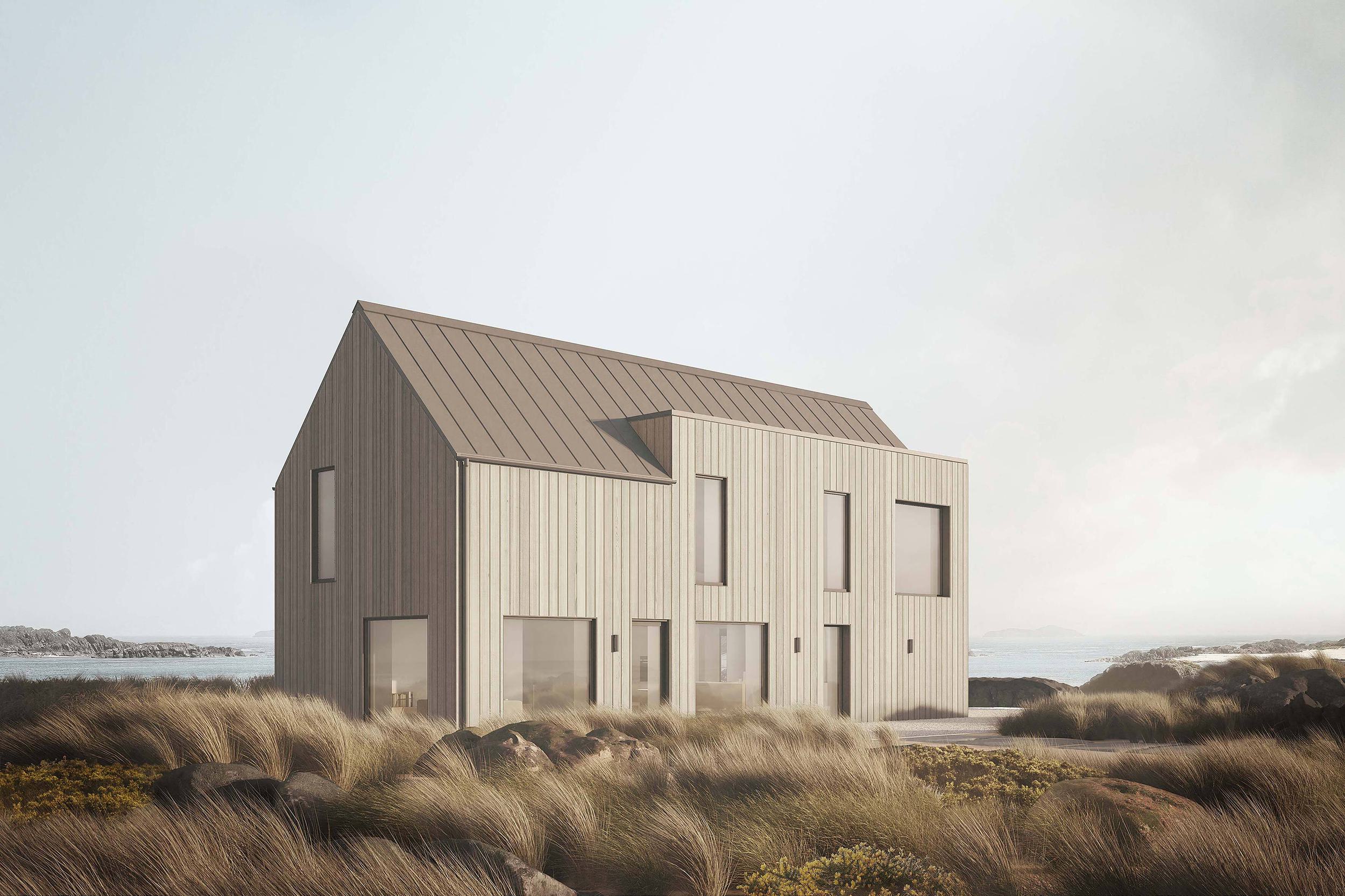 Exterior of the Coldwells Build Passivhaus, Irving. Oak cladding, large windows with a pitched metal roof with sand dunes and sea landscape.