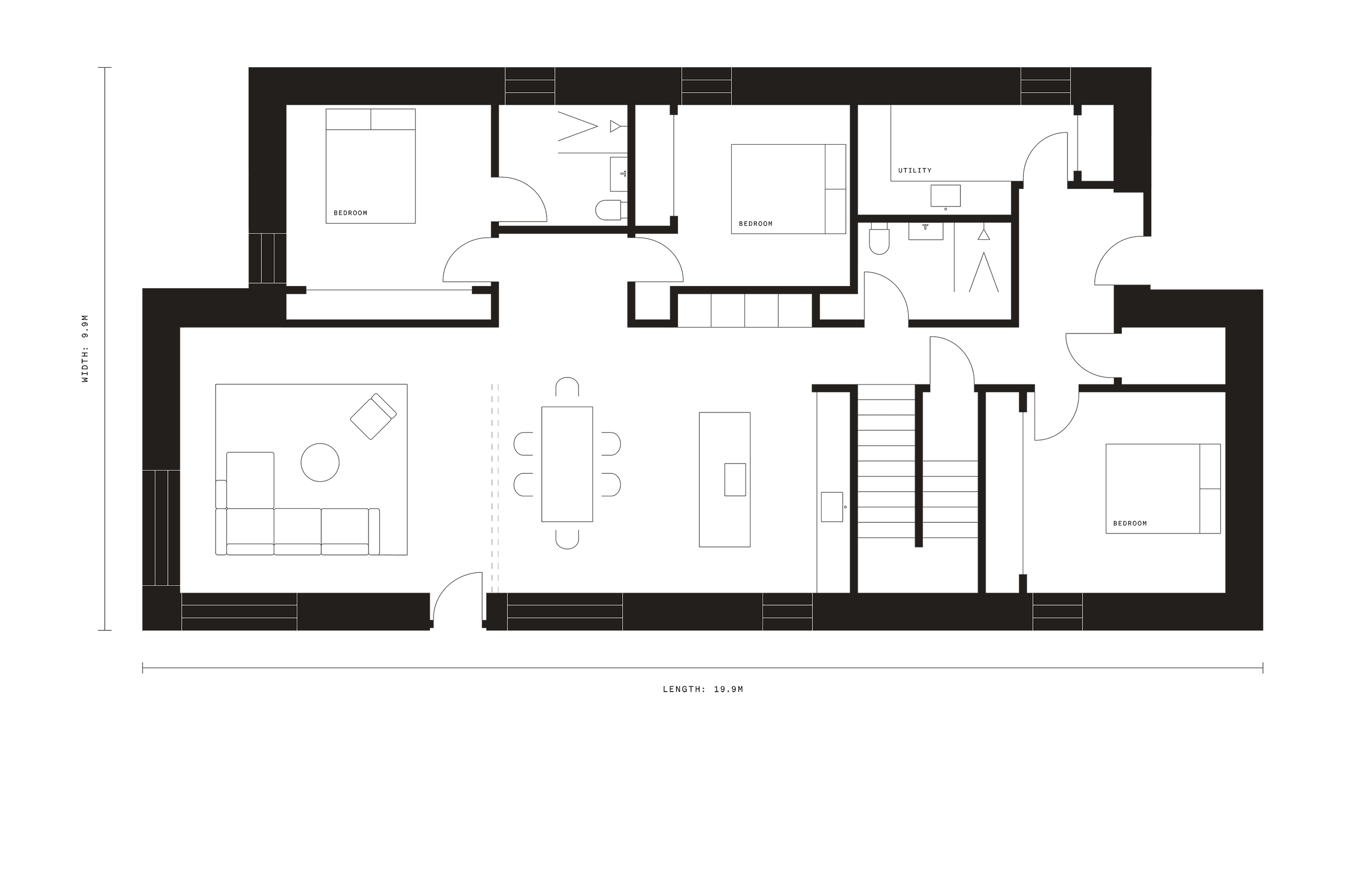 Ground floor plan of the Coldwells Build Passivhaus, McKinley.