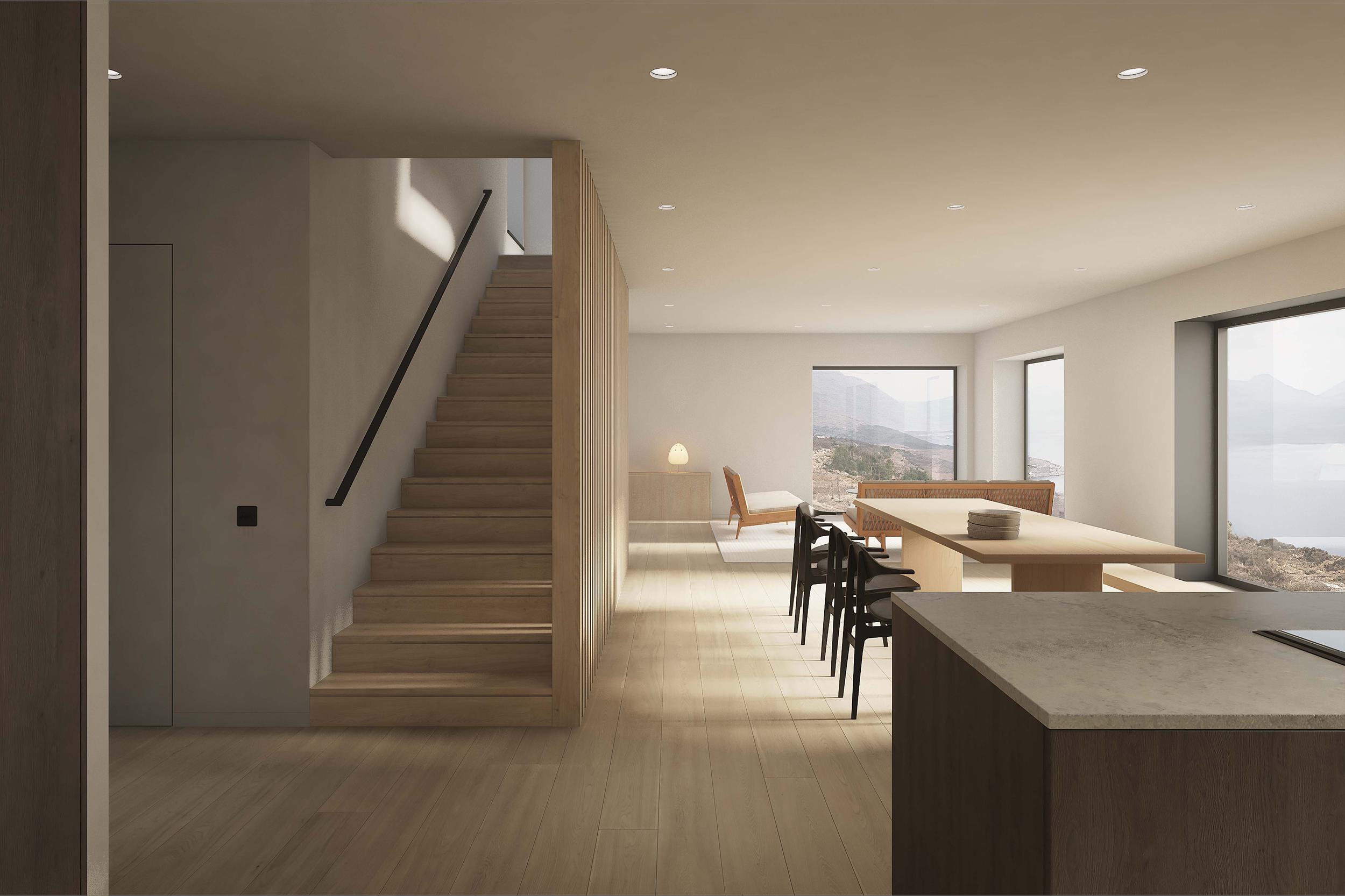 Living, hallway kitchen space of the Coldwells Build Passivhaus, Thomson. Oak staircase and balustrade with large corner windows. Oak dining table and black chairs.