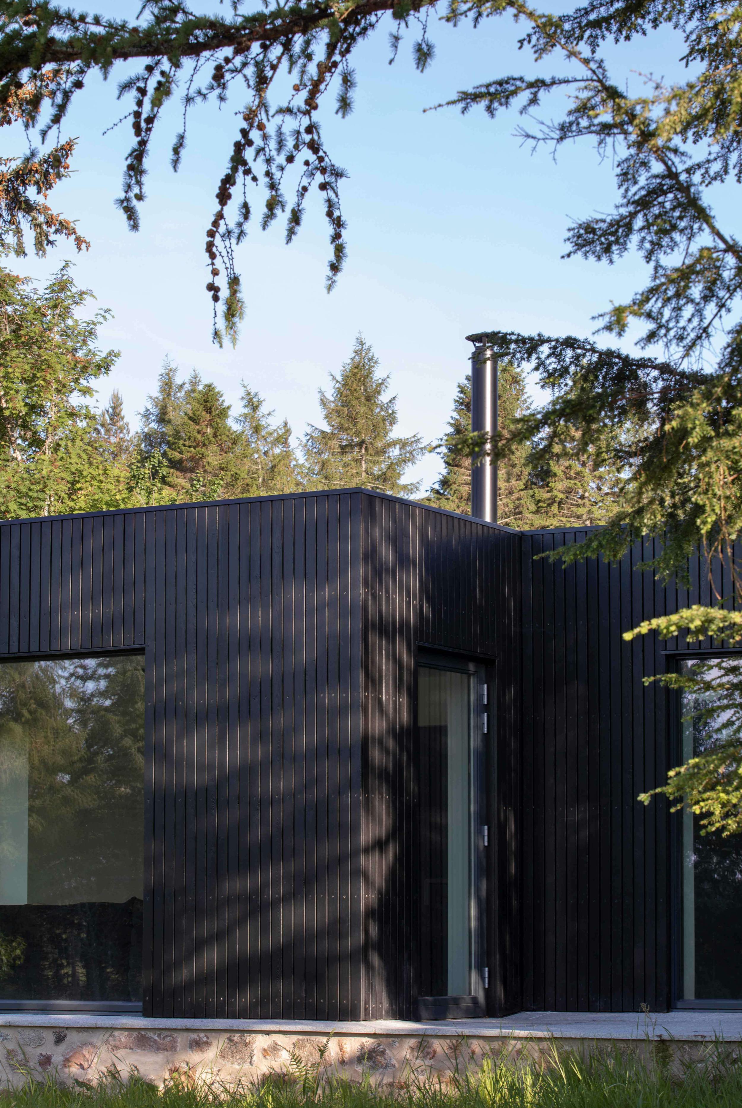 Modern, blackened timber and glass box shaped extension surrounded by woodland.